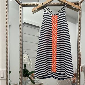 THML Navy and White Striped Tank with Orange Accent